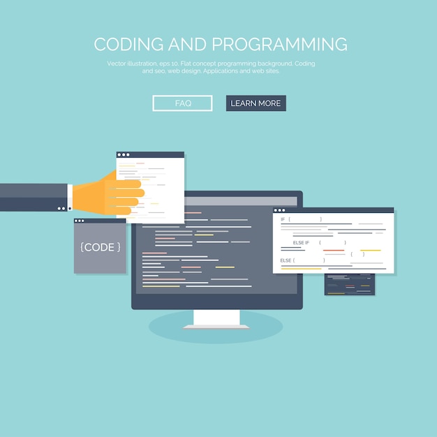 Vectorillustratie vlak concept achtergrondcodering en programmering zoekmachineoptimalisatie