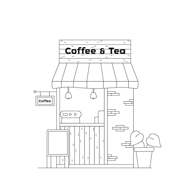 Vectorillustratie Vlakke gevels van kleine bedrijven met bakkerij, koffieshop en met de hand getekende lijnkunst