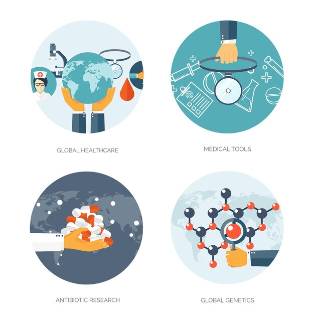 Vector vectorillustratie vlakke medische achtergronden set gezondheidszorg eerste hulp onderzoek cardiologie geneeskunde