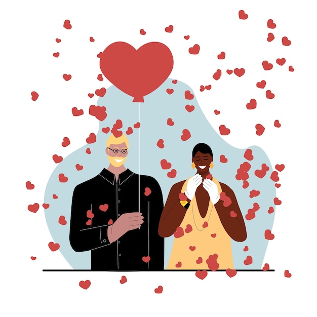 Vectorillustratie voor valentijnsdag een man met een lichte huid geeft een vrouw met een donkere huid een bal in de vorm van een hart en harten vliegen rond