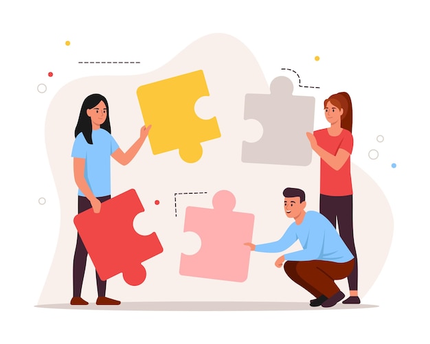Vectorillustratieconcept van een bedrijfsteam met puzzels Cartoon scène van teamwerk van jongen en meisje met gekleurde puzzels die puzzels samenstellen geïsoleerd op witte achtergrond Bedrijfspartnerschap