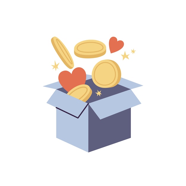 Vectorillustraties donatie box met harten en gouden munten concept van liefdadigheid