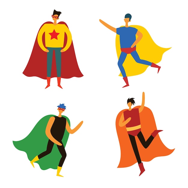 Vectorillustraties in plat ontwerp van set van o mannen en vrouwen superhelden