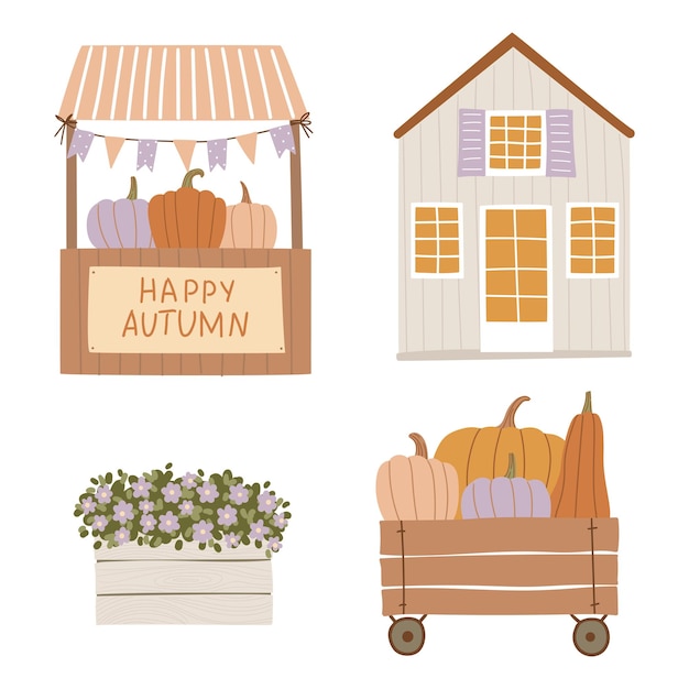 Vectorillustraties met herfstpompoenen, knusse huizen en heerlijke bloemen