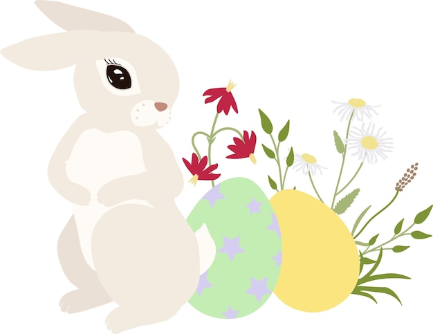 Vector vectorillustraties van aquarel schattig konijntje bloemen planten en gefeliciteerd frame