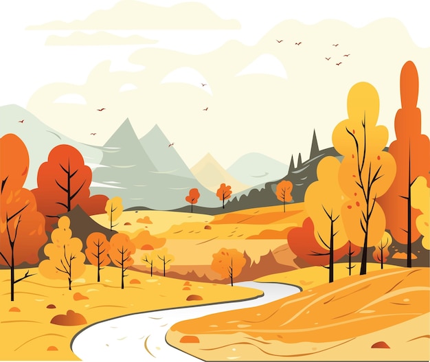 Vector vectorillustraties van de natuur herfst natuurlijke landschap bergen bomen riviervelden