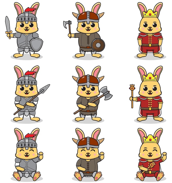 Vectorillustraties van konijnenpersonages in verschillende middeleeuwse outfits