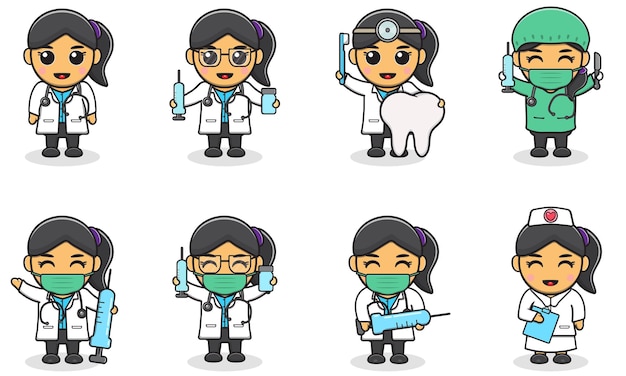 Vectorillustraties van schattig meisje met dokterskostuum Schattige kinder doktersset