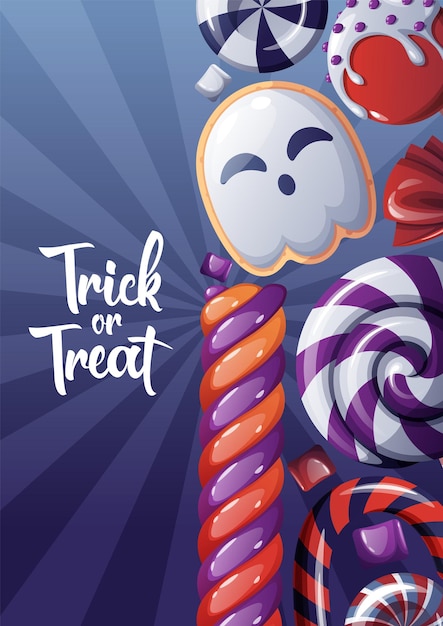 Vectorkaart met Halloween-snoepjes of poster voor de vakantie met handgeschreven coligrafie Feestuitnodiging trick or treat