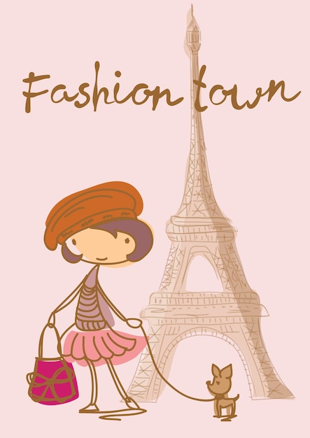 Vectorkaart met trendy meisje Elegante gestileerde fashion modellen illustratie met hand getrokken tekst Fashion town