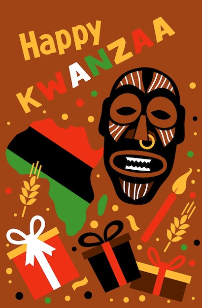 Vectorkaart met verzameling happy kwanzaa holiday-symbolen op bruine achtergrond vectorillustratie