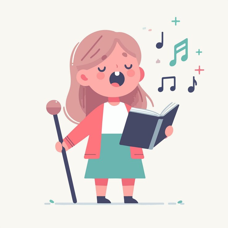 Vector vectorkarakter van een klein meisje dat zingt, eenvoudige en minimalistische platte ontwerpstijl