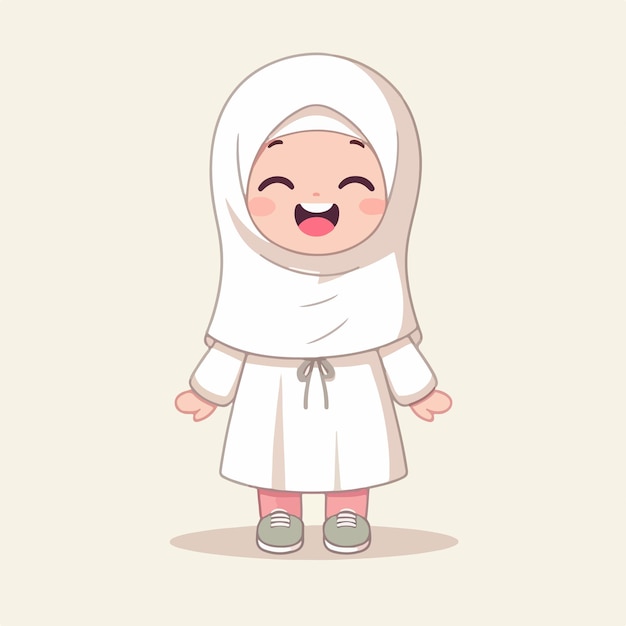 Vectorkarakter van een vrolijk moslimmeisje dat een hijab draagt met een eenvoudige platte ontwerpstijl