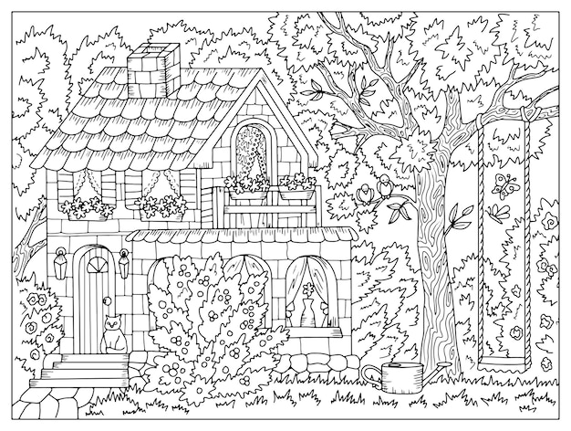 Vectorkleurplaat met prachtige cottage-huisbomen, bloemen en schommel in de tuin