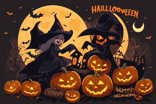 Vectorkunst halloween heks pompoen spin illustratie horror kaarslicht spookachtig