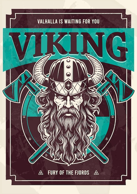 Vectorkunst van vikingkrijger met lang haar en baard, gekleed in een gehoornde helm Gekruiste assen en cirkelschild achter typografisch printontwerp