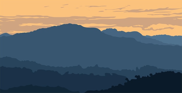 Vector vectorlandschap met silhouet van bergen met zonsopgang of zonsonderganghemel en lensgloed