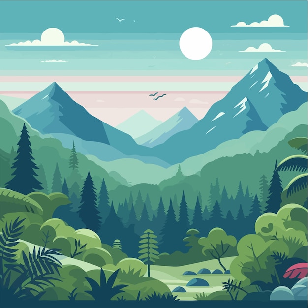 Vectorlandschap van bergen met bomen en bossen in een platte ontwerpstijl