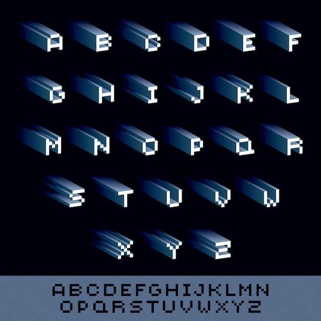 Vectorlettertype, typoscript gemaakt in 8-bits stijl. Pixel art hedendaagse hoofdletters set, 3D digitale ontwerpelementen.
