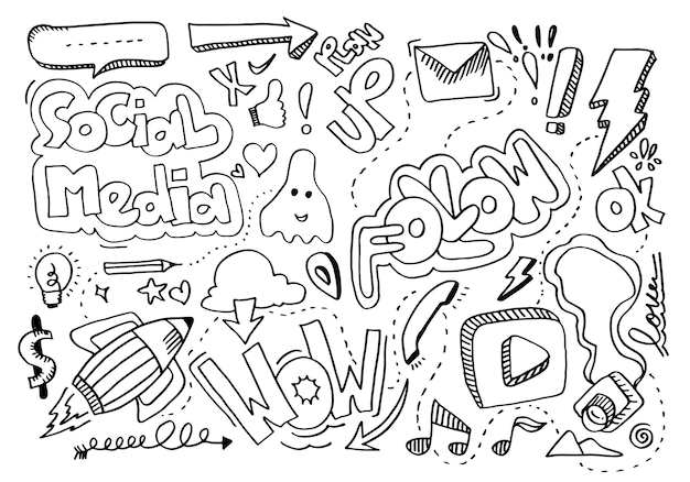 Vectorlijnkunst Doodle cartoon set van objecten en symbolen op het thema Social Media