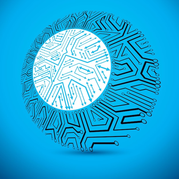 Vectormicrochipontwerp, cpu. Informatiecommunicatietechnologie-element, printplaat in ronde vorm met pijlen.