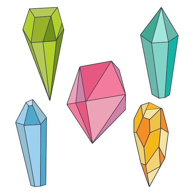 Vectormineralen, kristallen, edelstenen en diamanten. magische kristallen van verschillende vormen en kleuren.