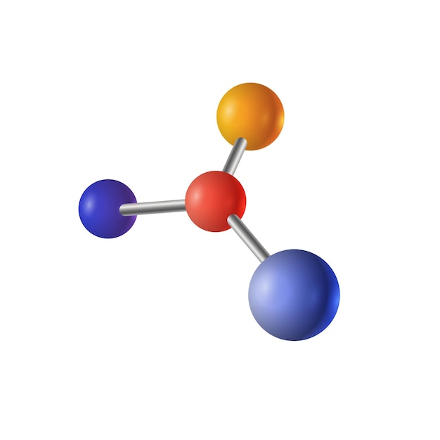 Vectormodel van een 3D-molecuul bestaande uit drie kleine atomen en een groot blauw atoom verbonden door het kleine element