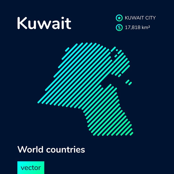 Vectorneon vlakke kaart van Koeweit met groene munt turkoois gestreepte textuur op donkerblauwe background