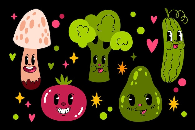 Vectorontwerp van reeks geassorteerde kleurrijke leuke groenten met glimlachen in een 30ste tekenfilmstijl op zwarte achtergrond