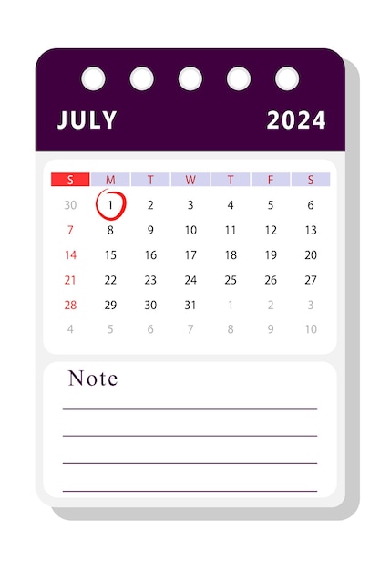 Vectorontwerp voor de kalender van de notitie van juli 2024