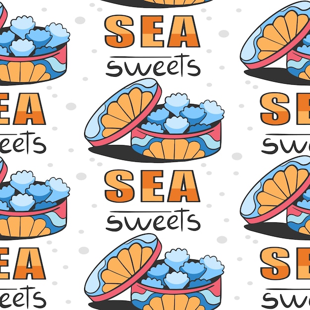 Vectorpatroon met snoepjes in de vorm van zeeschelpen en letters in stripverhaalstijl