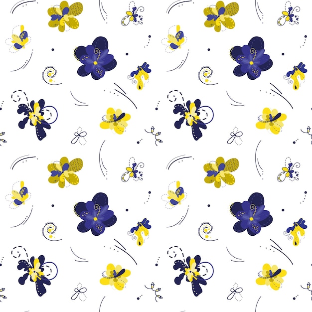 Vectorpatroon van gele en blauwe bloemen van abstracte vormen. Bloemblaadjes met vlekken, strepen, stippen.