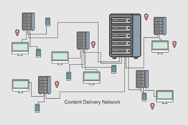Vector vectorpictogram van content delivery network of content distribution network cdn met server en gebruiker