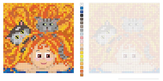 Vector vectorpixelillustratie, meisje met katten en sproeten, kleuren, creatieve vaardigheden verbeelding