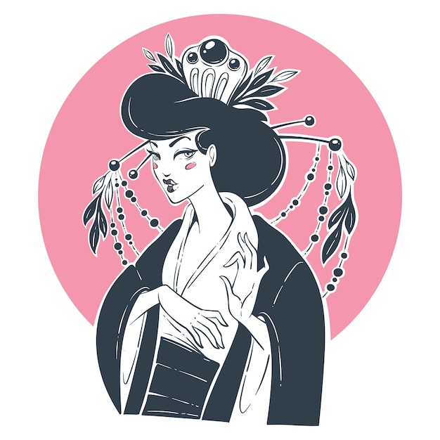 Vector vectorportret van mooie geisha, voor uw embleem, etiket, emblemen met afbeelding van vrij aziatische vrouw van japan