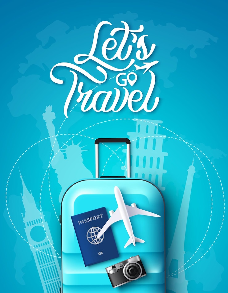 Vector vectorposterontwerp voor reizen laten we gaan reizen met bagagepaspoort en camera op bestemming