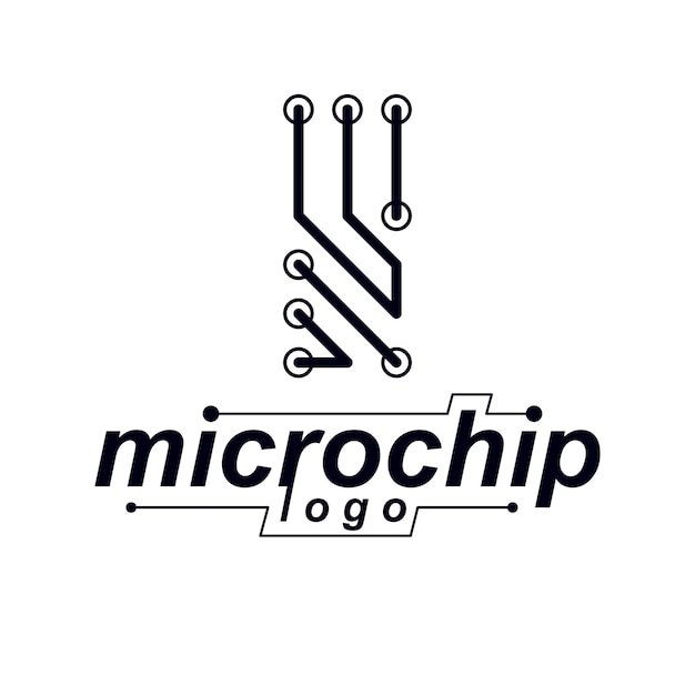 Vectorprintplaat met elektronische componenten van technologieapparaat. computer moederbord cybernetische abstractie, microchip-logo.