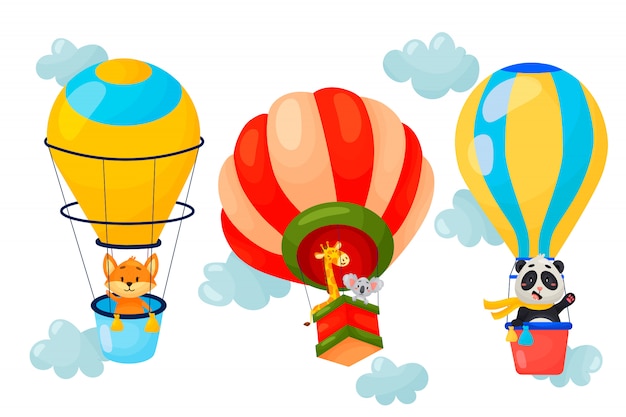 Vectorreeks beeldverhaaldieren die op luchtballons vliegen. Leuk karakterontwerp van ballonnen in de wolken. Vector illustratie.