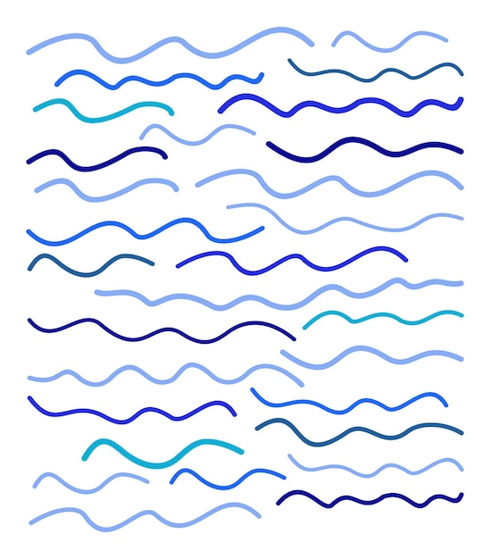 Vectorreeks blauwe golven. gebogen lijnen van verschillende vormen.