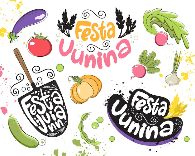 Vectorreeks elementen voor de viering van Festa Junina. Belettering, groenten, boerenmuts, schop, tarwe