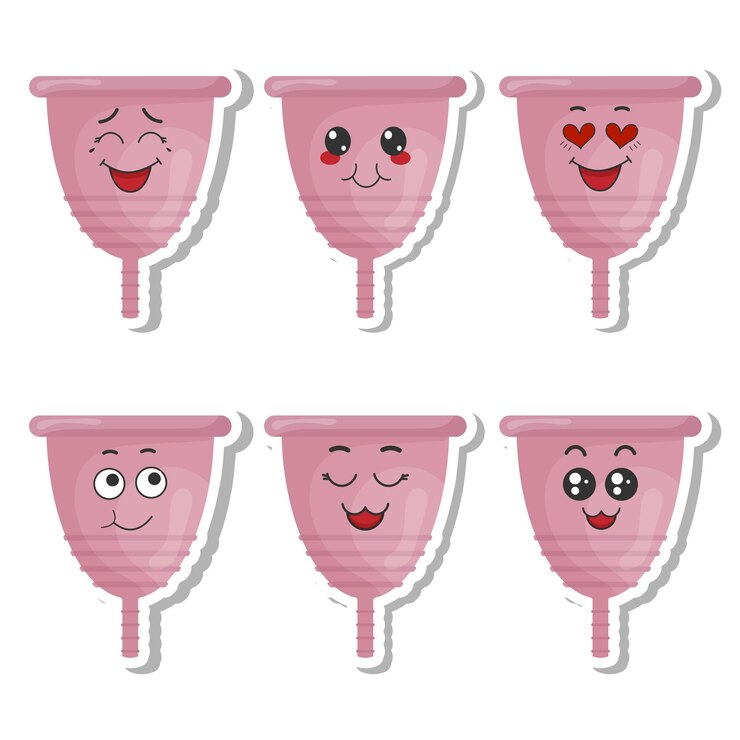 Vectorreeks grappige menstruele komstickers met kawaii-emoties Kawaii Gezichten Vectorillustratie op witte achtergrond