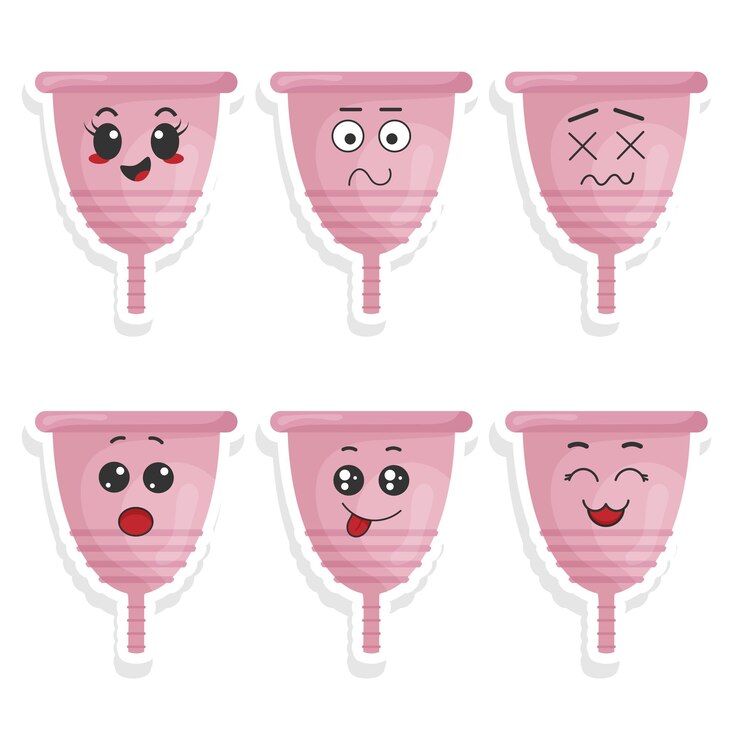 Vectorreeks grappige menstruele komstickers met kawaii-emoties Kawaii Gezichten Vectorillustratie op witte achtergrond