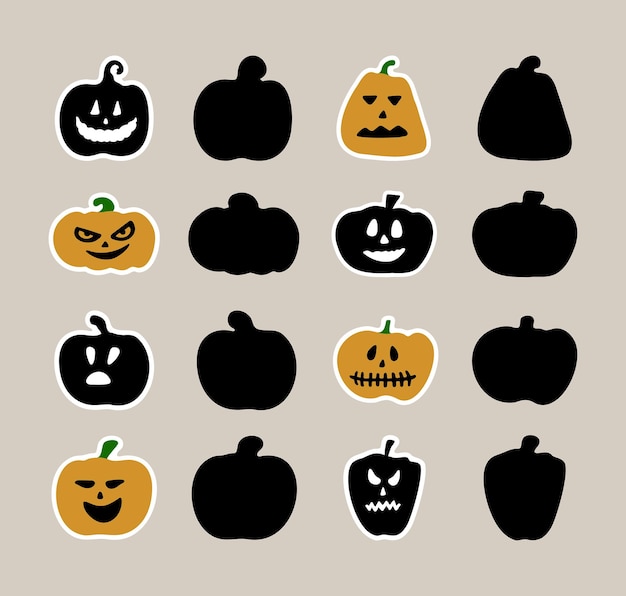 Vectorreeks Halloween-pompoengezichtsstickers Grappige krabbelillustraties voor seizoengebonden ontwerp