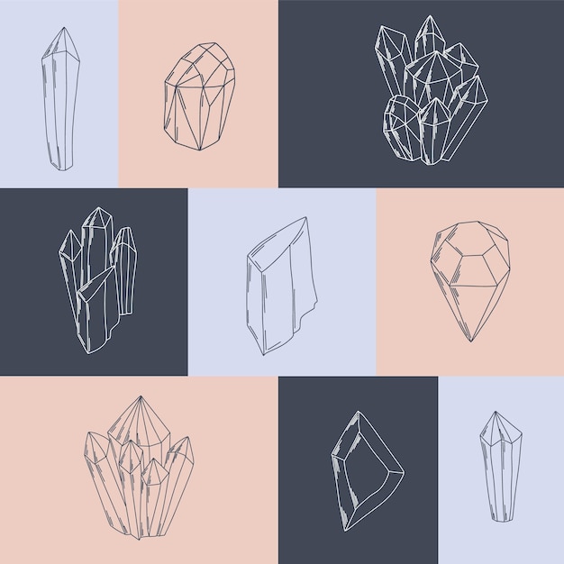 Vectorreeks kristalillustraties in minimale lineaire stijl met de hand getekende edelstenen en kristallen