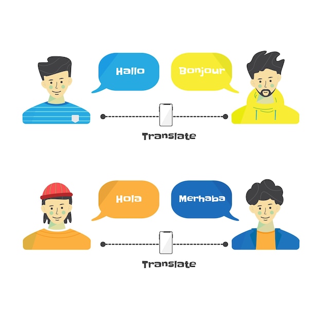 Vectorreeks mannen die een dialoog met elkaar hebben in verschillende talen, perfect voor illustratie en grafisch ontwerpxa