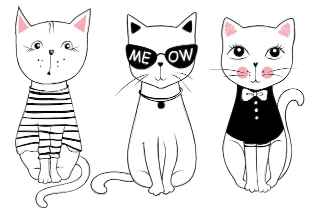 Vector vectorreeks met leuke manierkatten. stijlvolle kittenset. trendy illustratie in schets stijl t-shirt print, kaarten, poster. doodle kat. kinderen dieren. grappig karakter.