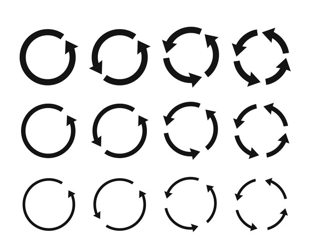 Vectorreeks zwarte cirkelpijlen. Cirkel pictogrammen recyclen. Vectorpijlen