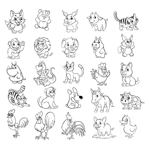 Vector vectors animals icons collection cute black white with outline set