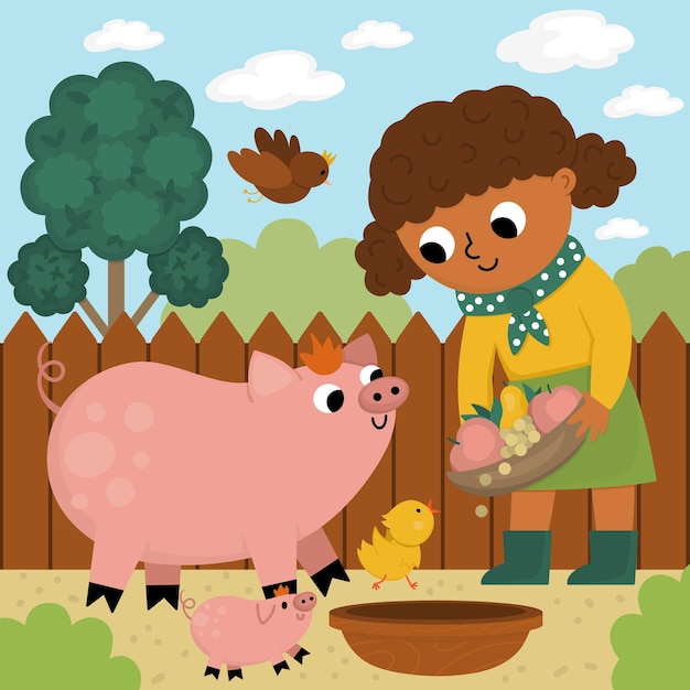Vectorscène met veefokker Landbouwermeisje die dieren voederen Schattige jongen die landbouwwerk doet Landelijk landschap Kind met schattig varken en kip Grappige boerderijillustratie met stripfigurenxA