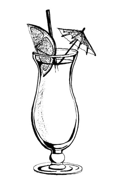 Vectorschets van alcoholische cocktail in een glas voor barmenu. Handgetekende tekening van klassiek of tropisch